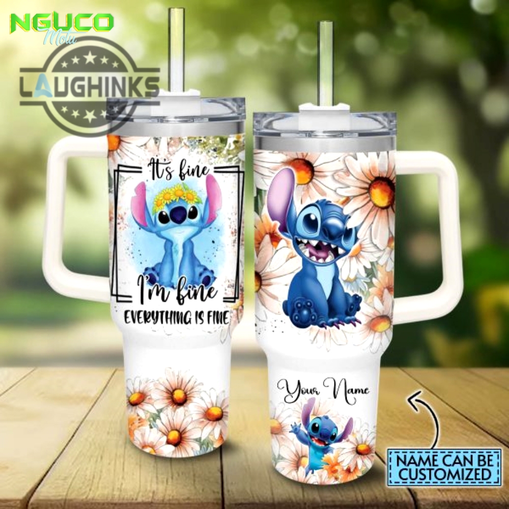 Custom name everything is fine stitch daisy flower pattern 40oz stainless steel tumbler with handle and straw lid personalized stanley tumbler dupe 40 oz stainless steel travel cups