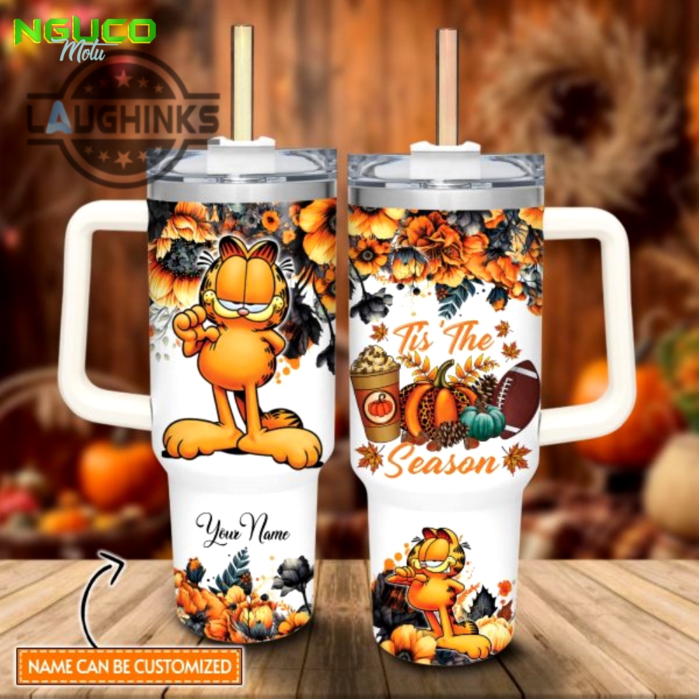 Custom name garfield tis the season fall leaf pattern 40oz stainless steel tumbler with handle and straw lid personalized stanley tumbler dupe 40 oz stainless steel travel cups gift