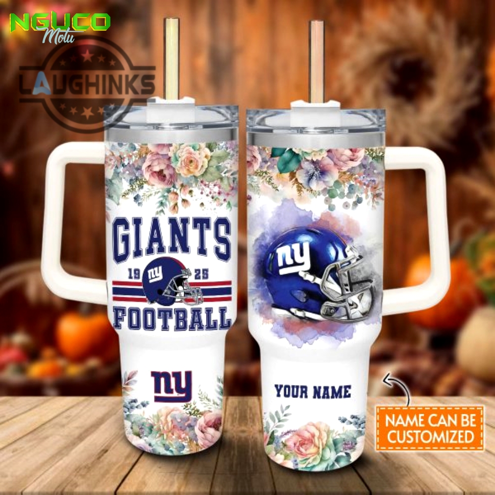 Custom name giants helmet flame pattern 40oz stainless steel tumbler with handle and straw lid personalized stanley tumbler dupe 40 oz stainless steel travel cups gift