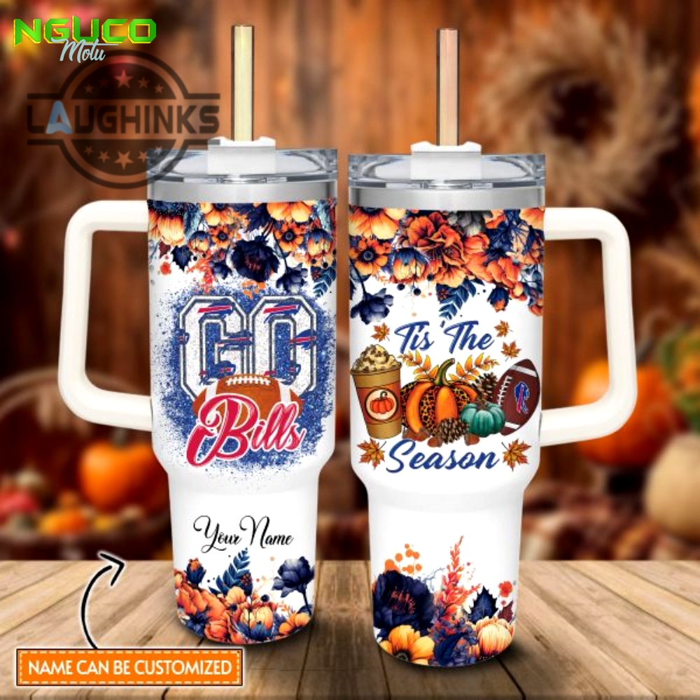 Custom name go bills tis the season flower pattern 40oz stainless steel tumbler with handle and straw lid personalized stanley tumbler dupe 40 oz stainless steel travel cups gift