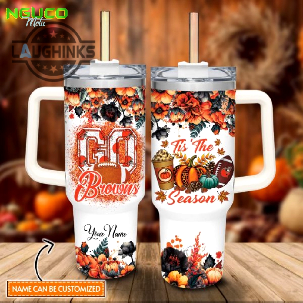 Custom name go browns tis the season flower pattern 40oz stainless steel tumbler with handle and straw lid personalized stanley tumbler dupe 40 oz stainless steel travel cups gift