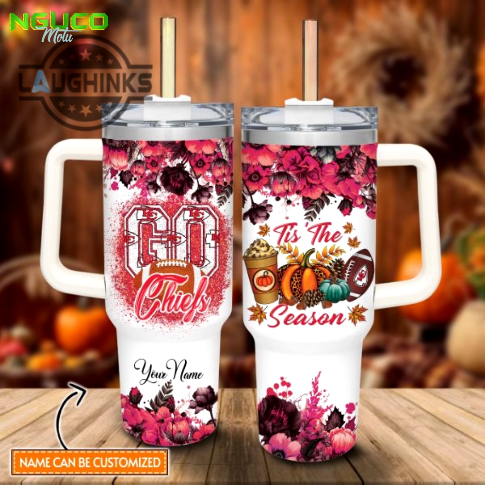 Custom name go chiefs tis the season flower pattern 40oz stainless steel tumbler with handle and straw lid personalized stanley tumbler dupe 40 oz stainless steel travel cups gift