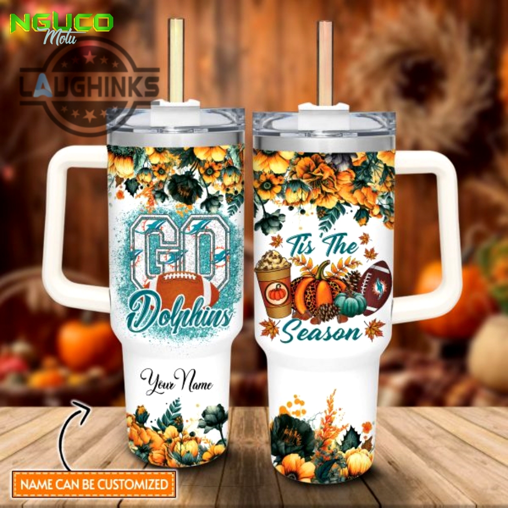 Custom name go dolphins tis the season flower pattern 40oz stainless steel tumbler with handle and straw lid personalized stanley tumbler dupe 40 oz stainless steel travel cups gift