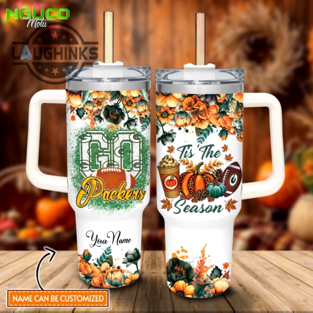 Custom name go packers tis the season flower pattern 40oz stainless steel tumbler with handle and straw lid personalized stanley tumbler dupe 40 oz stainless steel travel cups gift