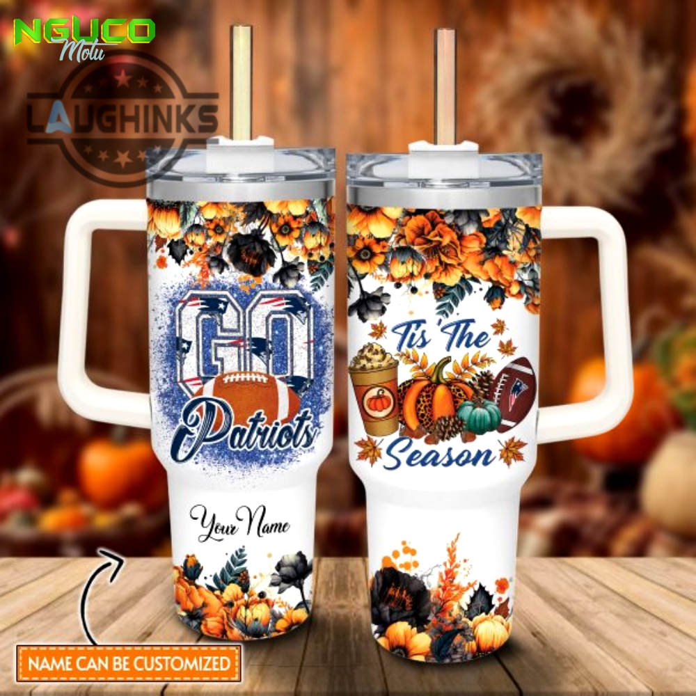Custom name go patriots tis the season flower pattern 40oz stainless steel tumbler with handle and straw lid personalized stanley tumbler dupe 40 oz stainless steel travel cups new