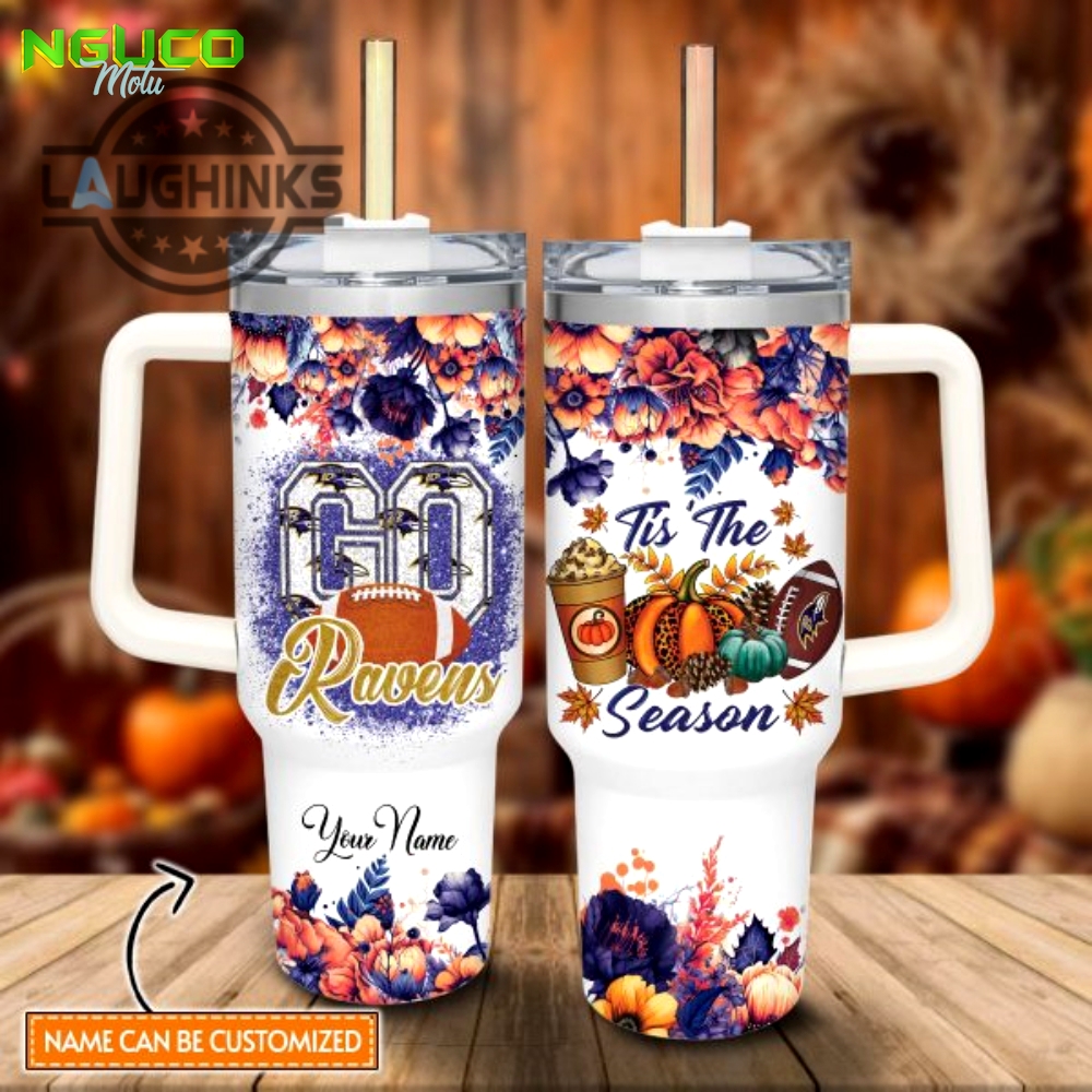 Custom name go ravens tis the season flower pattern 40oz stainless steel tumbler with handle and straw lid personalized stanley tumbler dupe 40 oz stainless steel travel cups gift