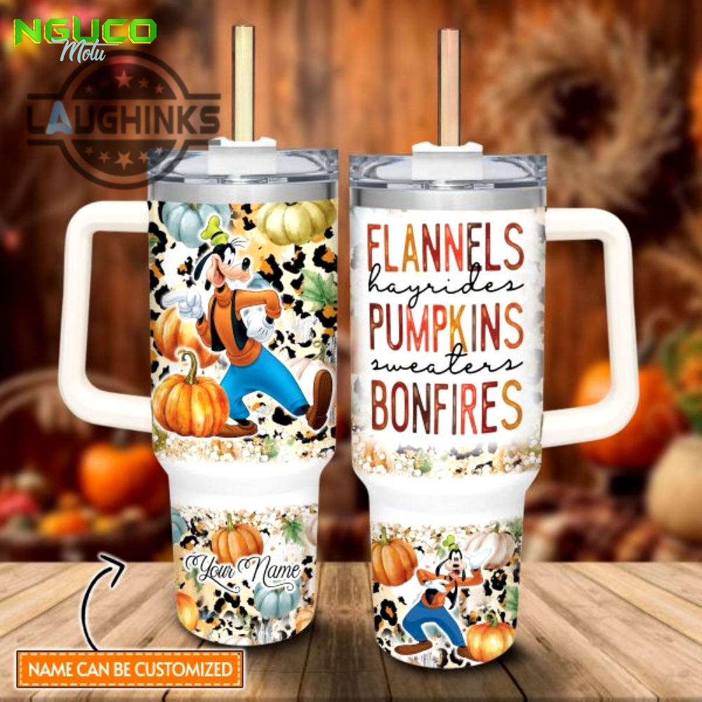 Custom name goofy flannels pumpkins bonfires pattern 40oz stainless steel tumbler with handle and straw lid personalized stanley tumbler dupe 40 oz stainless steel travel cups new