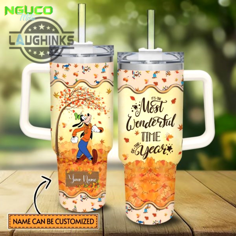 Custom name goofy most wonderful time fall leaf pattern 40oz stainless steel tumbler with handle and straw lid personalized stanley tumbler dupe 40 oz stainless steel travel cups