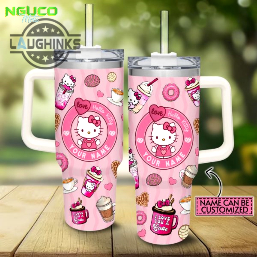 Custom name hello kitty pink pattern 40oz stainless steel tumbler with handle and straw lid personalized stanley tumbler dupe 40 oz stainless steel travel cups gift