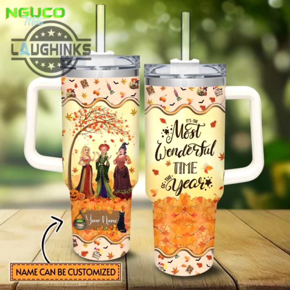 Custom name hocus pocus most wonderful time fall leaf pattern 40oz stainless steel tumbler with handle and straw lid personalized stanley tumbler dupe 40 oz stainless steel travel cups