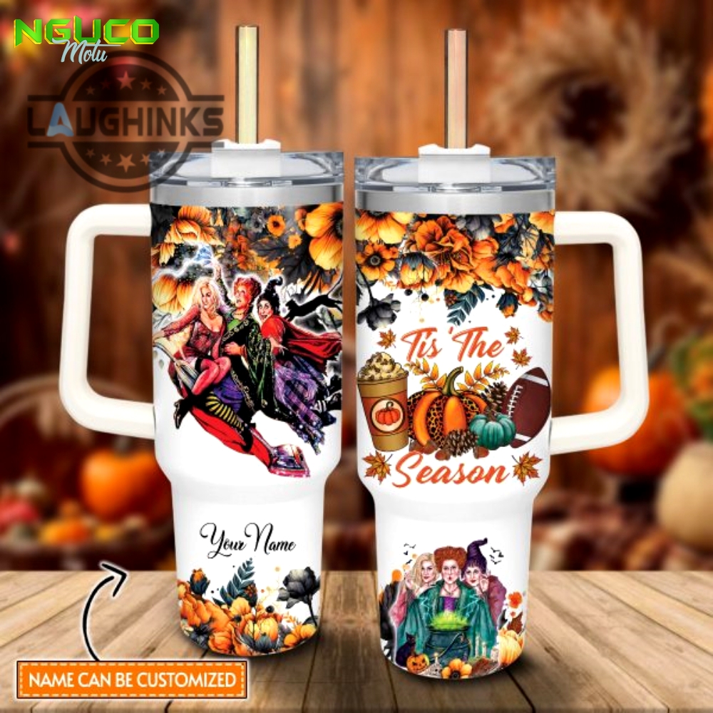 Custom name hocus pocus tis the season fall leaf pattern 40oz stainless steel tumbler with handle and straw lid personalized stanley tumbler dupe 40 oz stainless steel travel cups gift