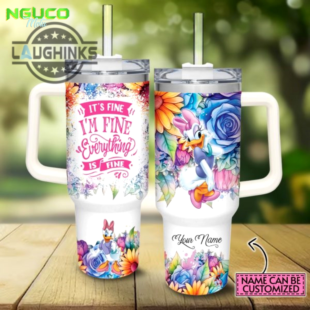 Custom name its fine im fine daisy duck colorful flower pattern 40oz stainless steel tumbler with handle and straw lid personalized stanley tumbler dupe 40 oz stainless steel travel cups