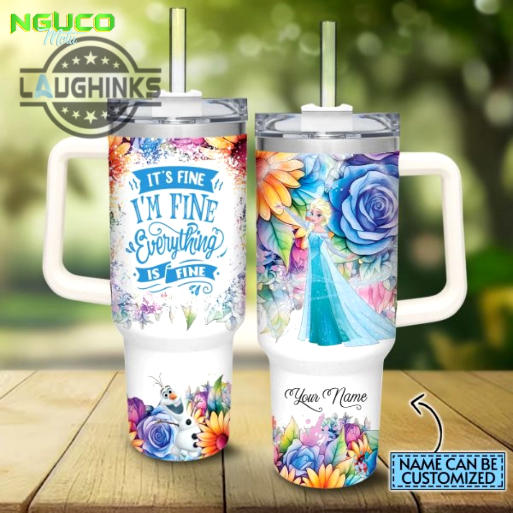 Custom name its fine im fine elsa princess colorful flower pattern 40oz stainless steel tumbler with handle and straw lid personalized stanley tumbler dupe 40 oz stainless steel travel cups