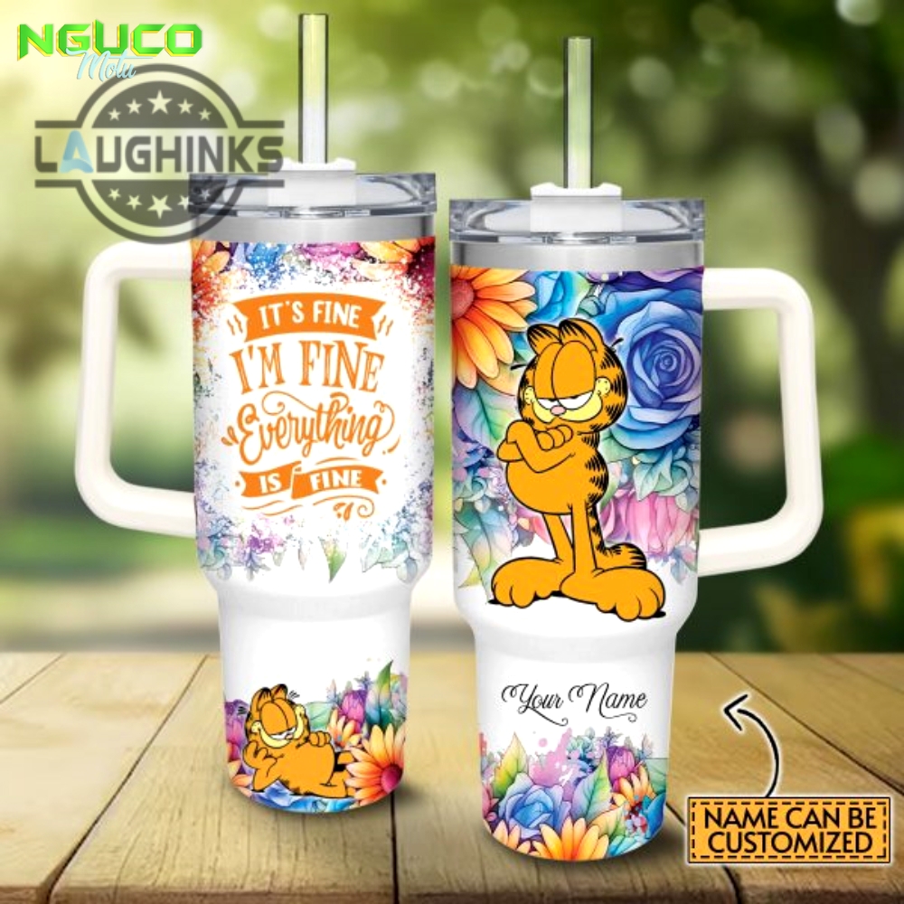 Custom name its fine im fine garfield colorful flower pattern 40oz stainless steel tumbler with handle and straw lid personalized stanley tumbler dupe 40 oz stainless steel travel cups