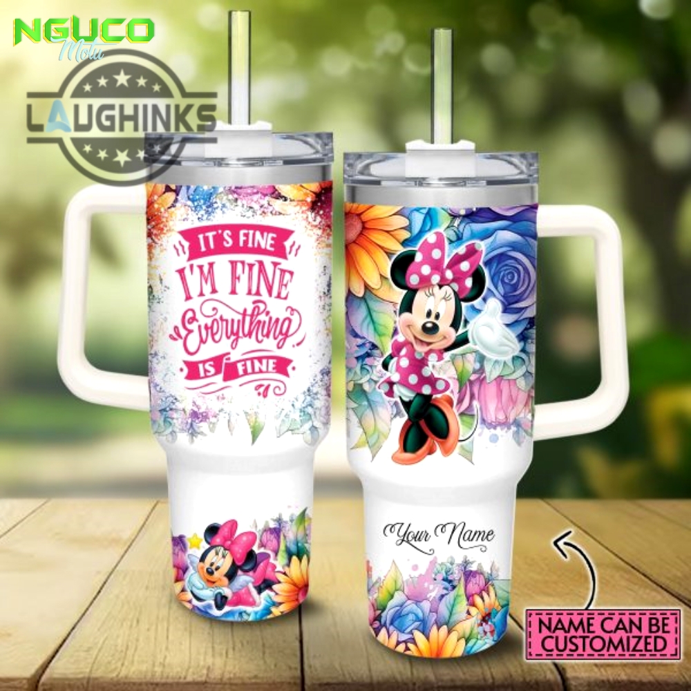 Custom name its fine im fine minnie mouse colorful flower pattern 40oz stainless steel tumbler with handle and straw lid personalized stanley tumbler dupe 40 oz stainless steel travel cups