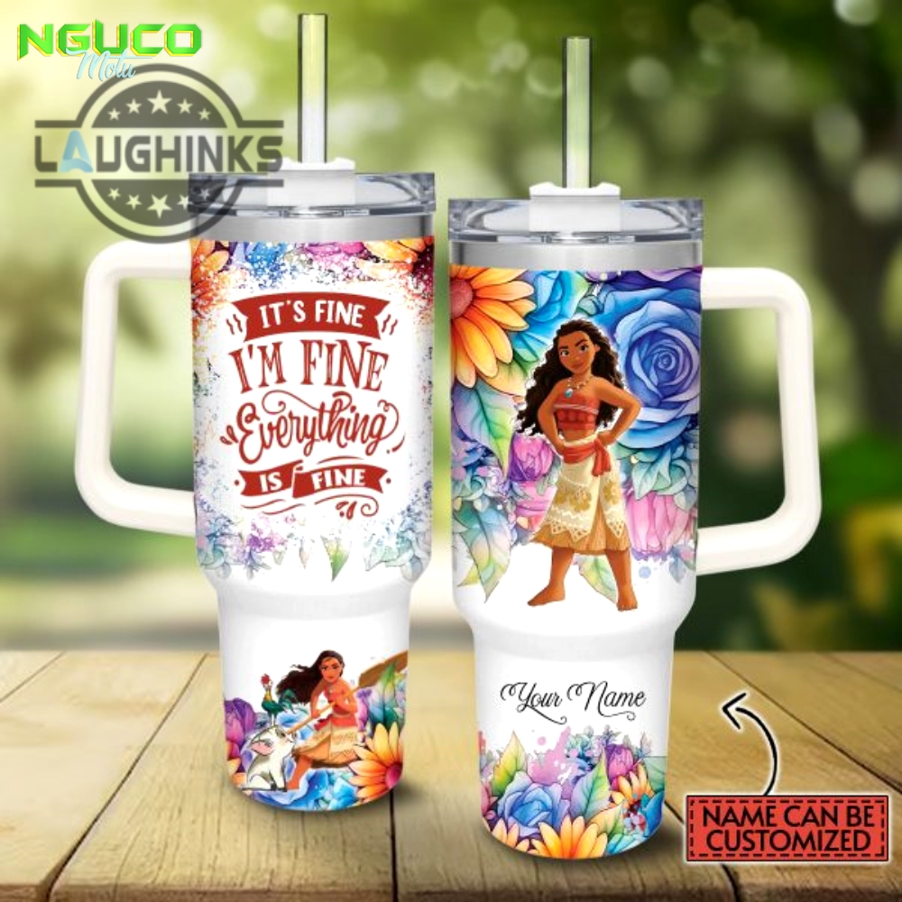 Custom name its fine im fine moana colorful flower pattern 40oz stainless steel tumbler with handle and straw lid personalized stanley tumbler dupe 40 oz stainless steel travel cups