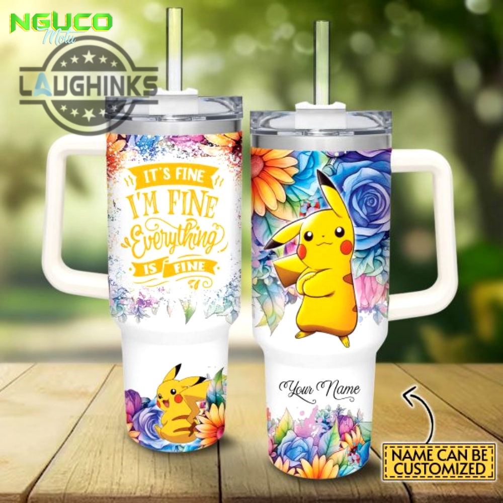 Custom name its fine im fine pikachu colorful flower pattern 40oz stainless steel tumbler with handle and straw lid personalized stanley tumbler dupe 40 oz stainless steel travel cups