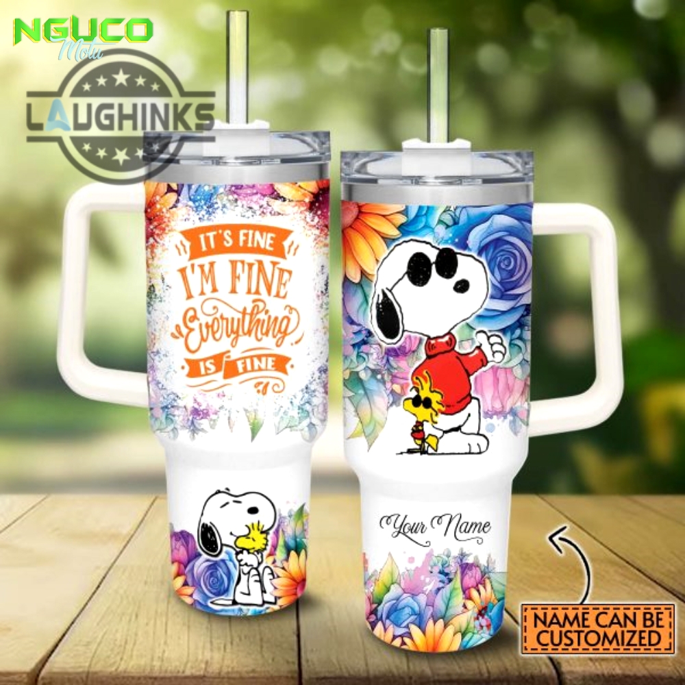Custom name its fine im fine snoopy colorful flower pattern 40oz stainless steel tumbler with handle and straw lid personalized stanley tumbler dupe 40 oz stainless steel travel cups
