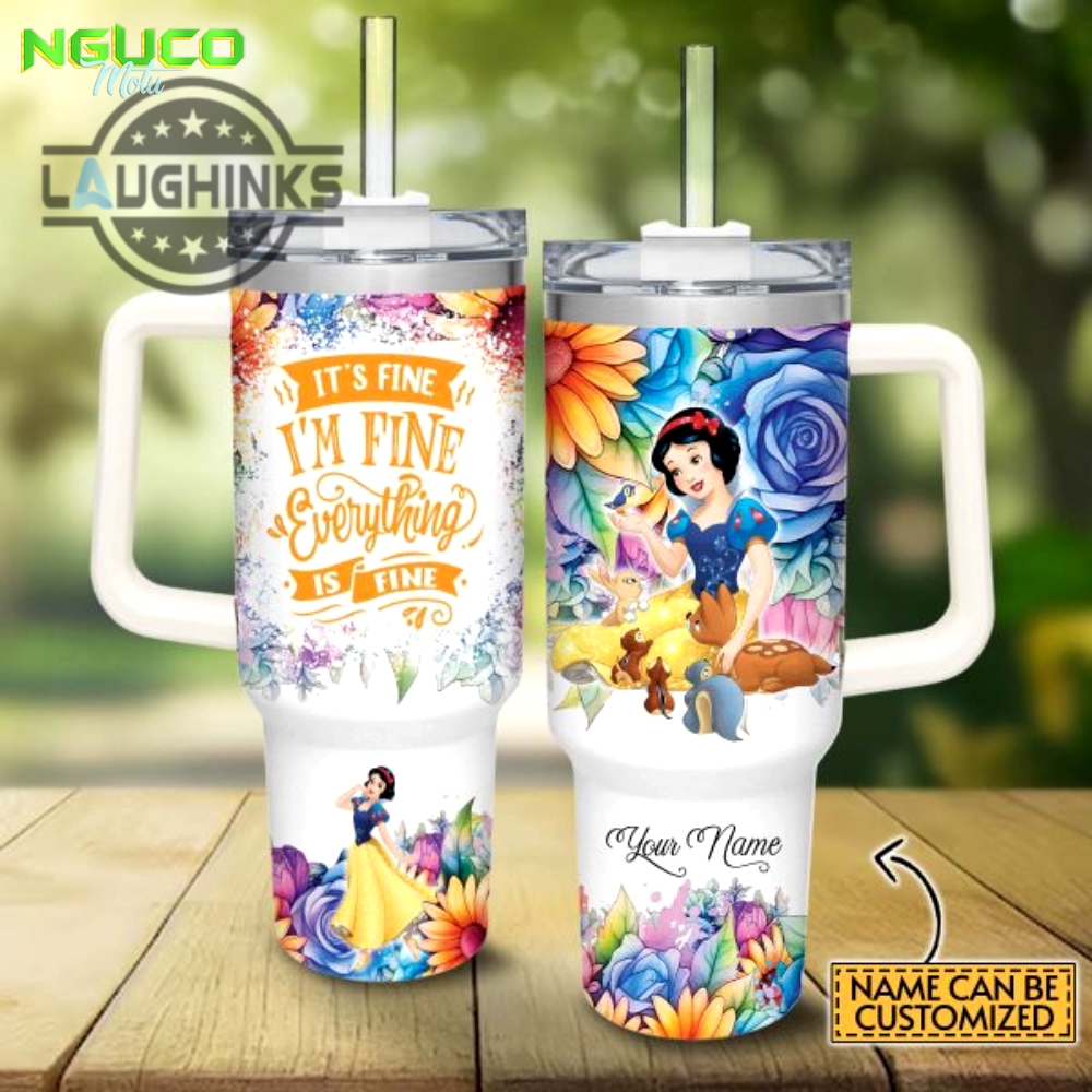 Custom name its fine im fine snow white colorful flower pattern 40oz stainless steel tumbler with handle and straw lid personalized stanley tumbler dupe 40 oz stainless steel travel cups