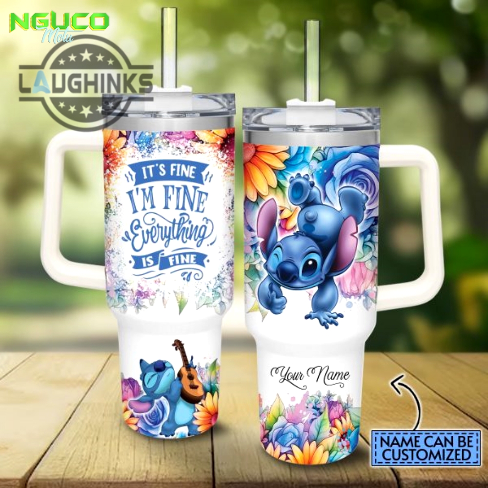Custom name its fine im fine stitch colorful flower pattern 40oz stainless steel tumbler with handle and straw lid personalized stanley tumbler dupe 40 oz stainless steel travel cups