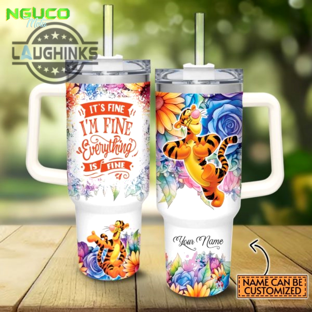 Custom name its fine im fine tigger colorful flower pattern 40oz stainless steel tumbler with handle and straw lid personalized stanley tumbler dupe 40 oz stainless steel travel cups