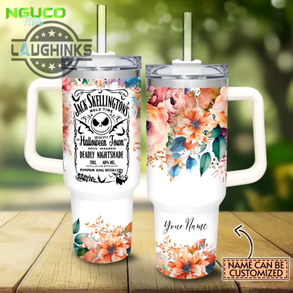 Custom name jack skellington halloween town flower pattern 40oz tumbler with handle and straw lid personalized stanley tumbler dupe 40 oz stainless steel travel cups gift