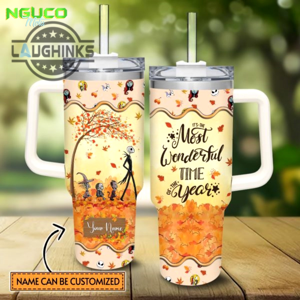 Custom name jack skellington most wonderful time fall leaf pattern 40oz stainless steel tumbler with handle and straw lid personalized stanley tumbler dupe 40 oz stainless steel travel cups