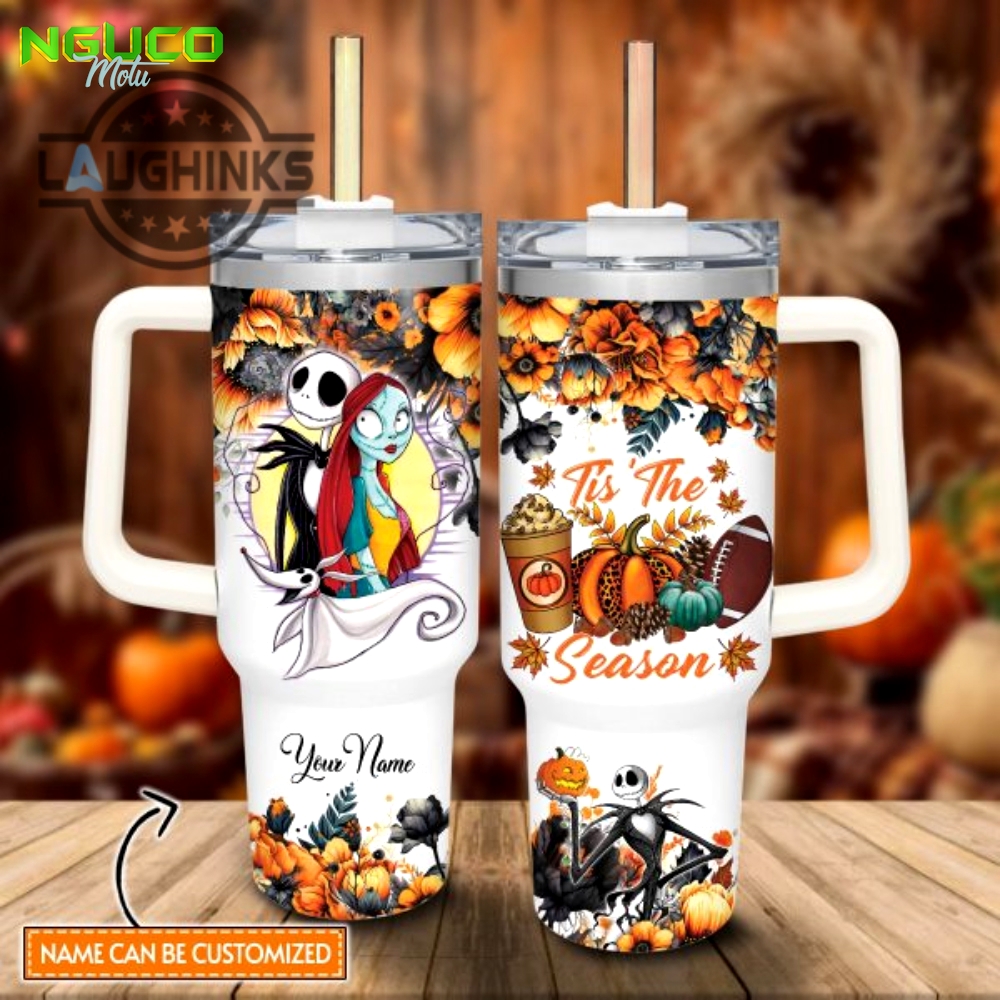 Custom name jack skellington tis the season fall leaf pattern 40oz stainless steel tumbler with handle and straw lid personalized stanley tumbler dupe 40 oz stainless steel travel cups gift
