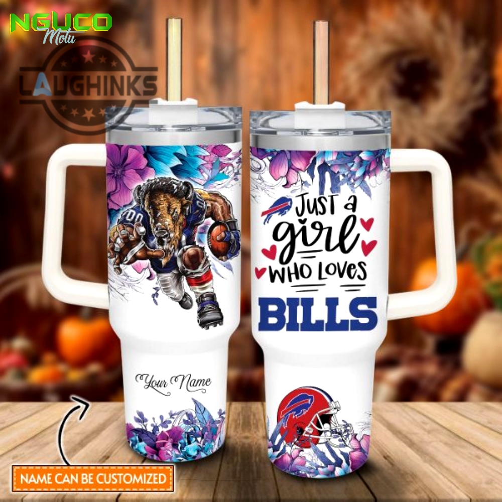 Custom name just a girl loves bills mascot flower pattern 40oz stainless steel tumbler with handle and straw lid personalized stanley tumbler dupe 40 oz stainless steel travel cups gift