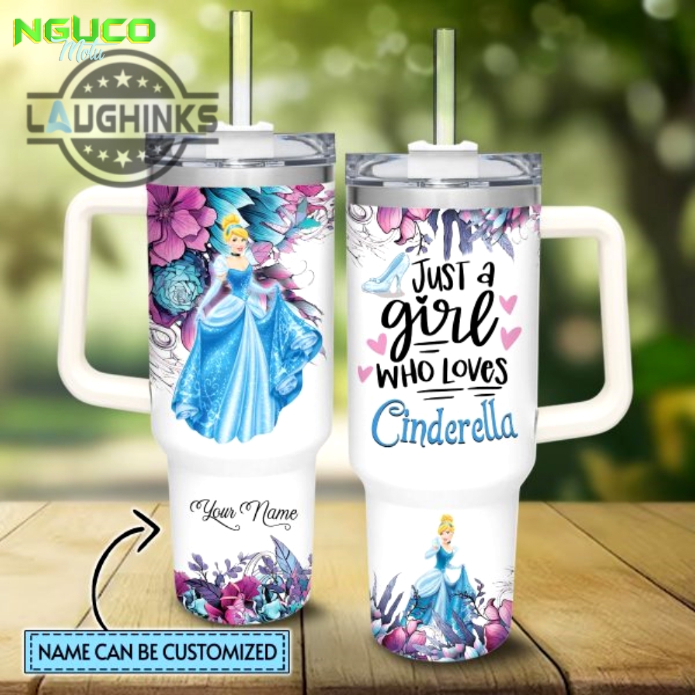 Custom name just a girl loves cinderella princess flower pattern 40oz tumbler with handle and straw lid personalized stanley tumbler dupe 40 oz stainless steel travel cups new