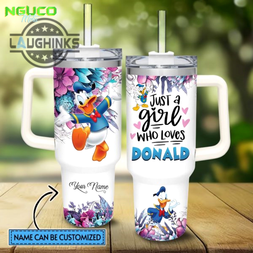 Custom name just a girl loves donald duck flower pattern 40oz tumbler with handle and straw lid personalized stanley tumbler dupe 40 oz stainless steel travel cups new