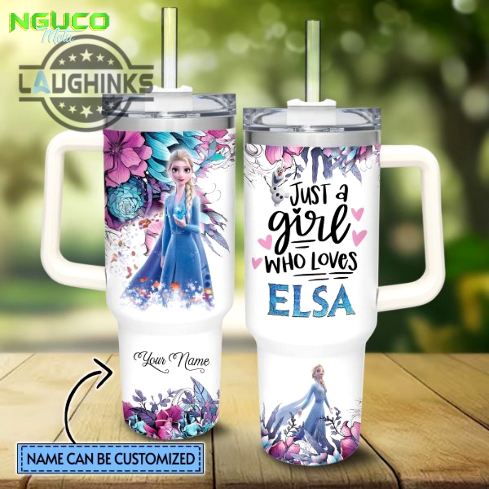 Custom name just a girl loves elsa princess flower pattern 40oz tumbler with handle and straw lid personalized stanley tumbler dupe 40 oz stainless steel travel cups new