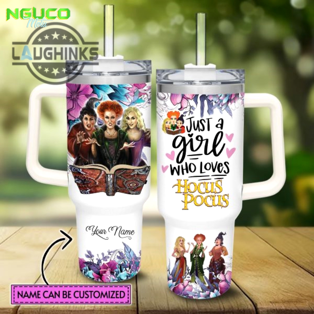 Custom name just a girl loves hocus pocus flower pattern 40oz tumbler with handle and straw lid personalized stanley tumbler dupe 40 oz stainless steel travel cups new