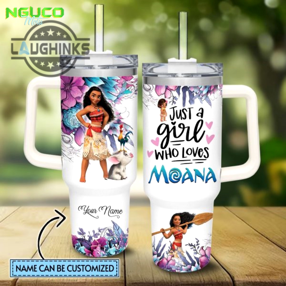 Custom name just a girl loves moana flower pattern 40oz tumbler with handle and straw lid personalized stanley tumbler dupe 40 oz stainless steel travel cups new