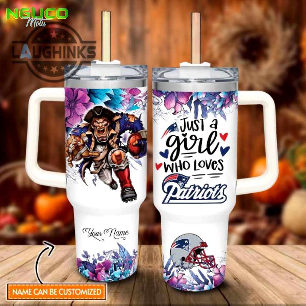 Custom name just a girl loves patriots mascot flower pattern 40oz stainless steel tumbler with handle and straw lid personalized stanley tumbler dupe 40 oz stainless steel travel cups new