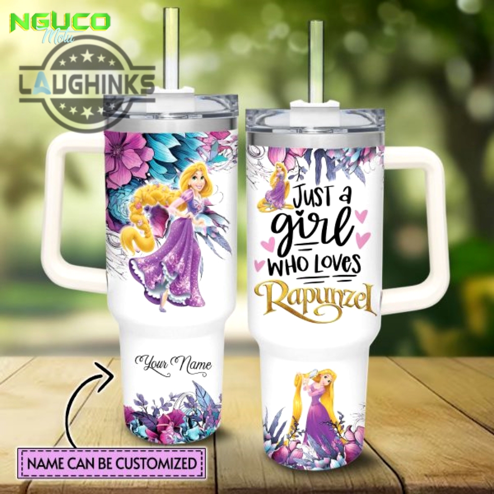 Custom name just a girl loves rapunzel flower pattern 40oz tumbler with handle and straw lid personalized stanley tumbler dupe 40 oz stainless steel travel cups new