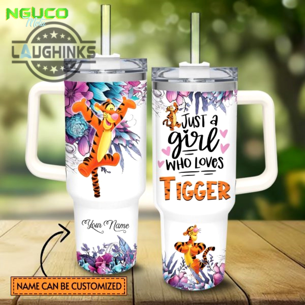 Custom name just a girl loves tigger flower pattern 40oz tumbler with handle and straw lid personalized stanley tumbler dupe 40 oz stainless steel travel cups new