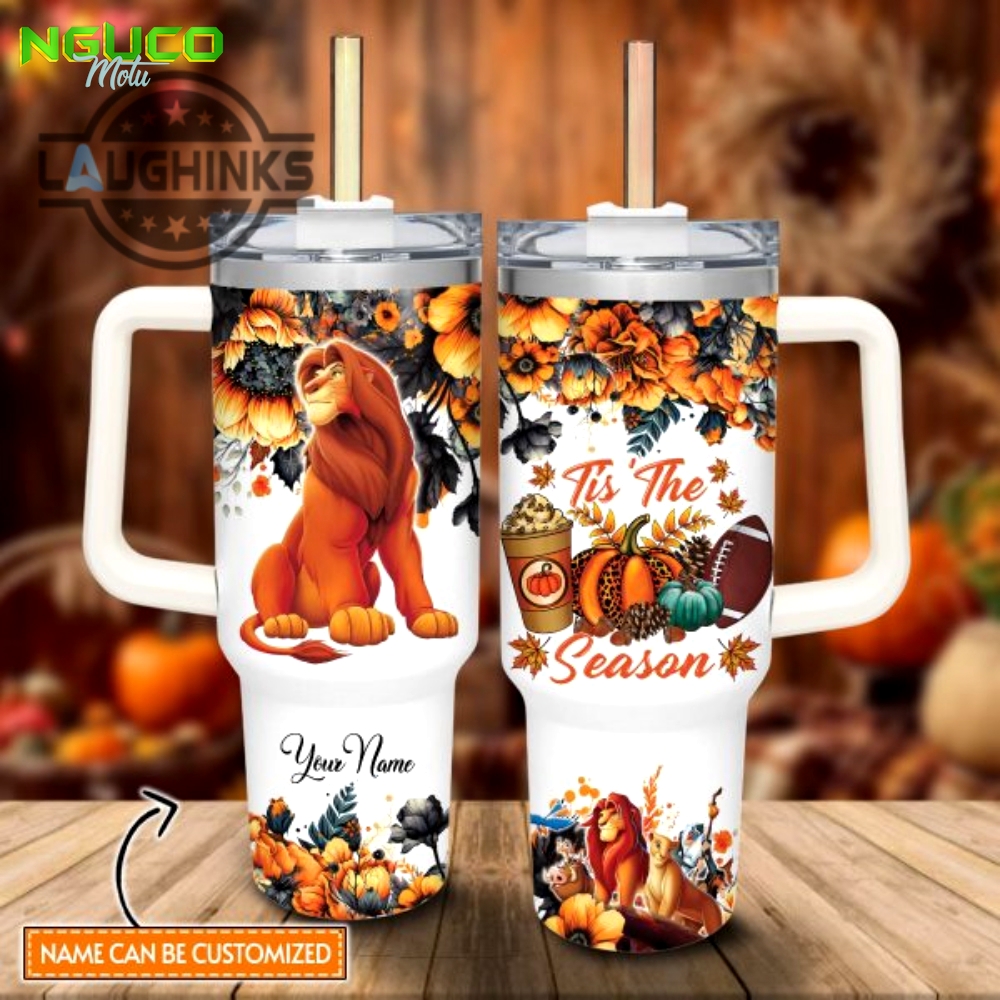 Custom name lion king tis the season fall leaf pattern 40oz stainless steel tumbler with handle and straw lid personalized stanley tumbler dupe 40 oz stainless steel travel cups gift