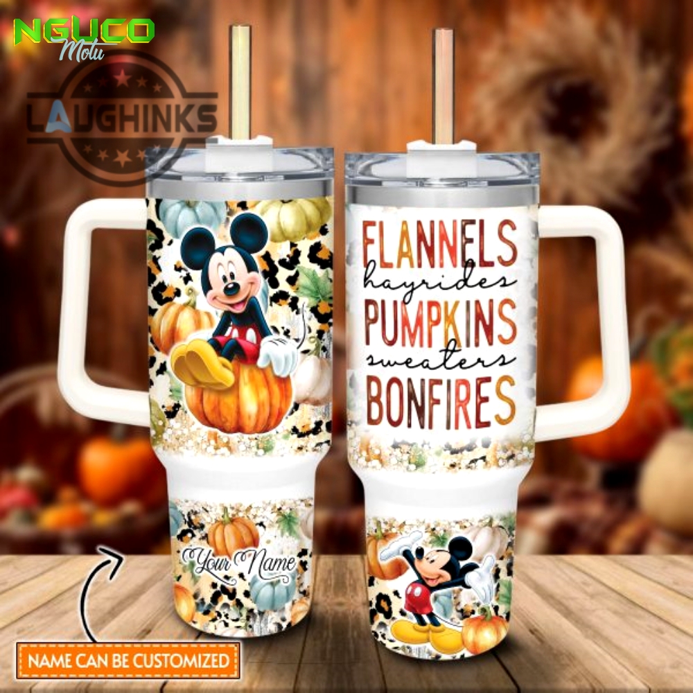 Custom name mickey mouse flannels pumpkins bonfires pattern 40oz stainless steel tumbler with handle and straw lid personalized stanley tumbler dupe 40 oz stainless steel travel cups gift