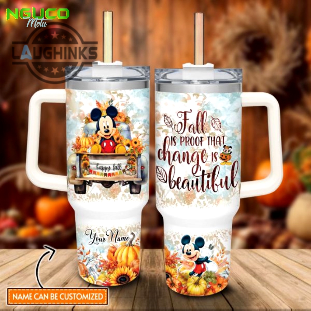Custom name mickey mouse happy fall pumpkin flower pattern 40oz tumbler with handle and straw lid personalized stanley tumbler dupe 40 oz stainless steel travel cups