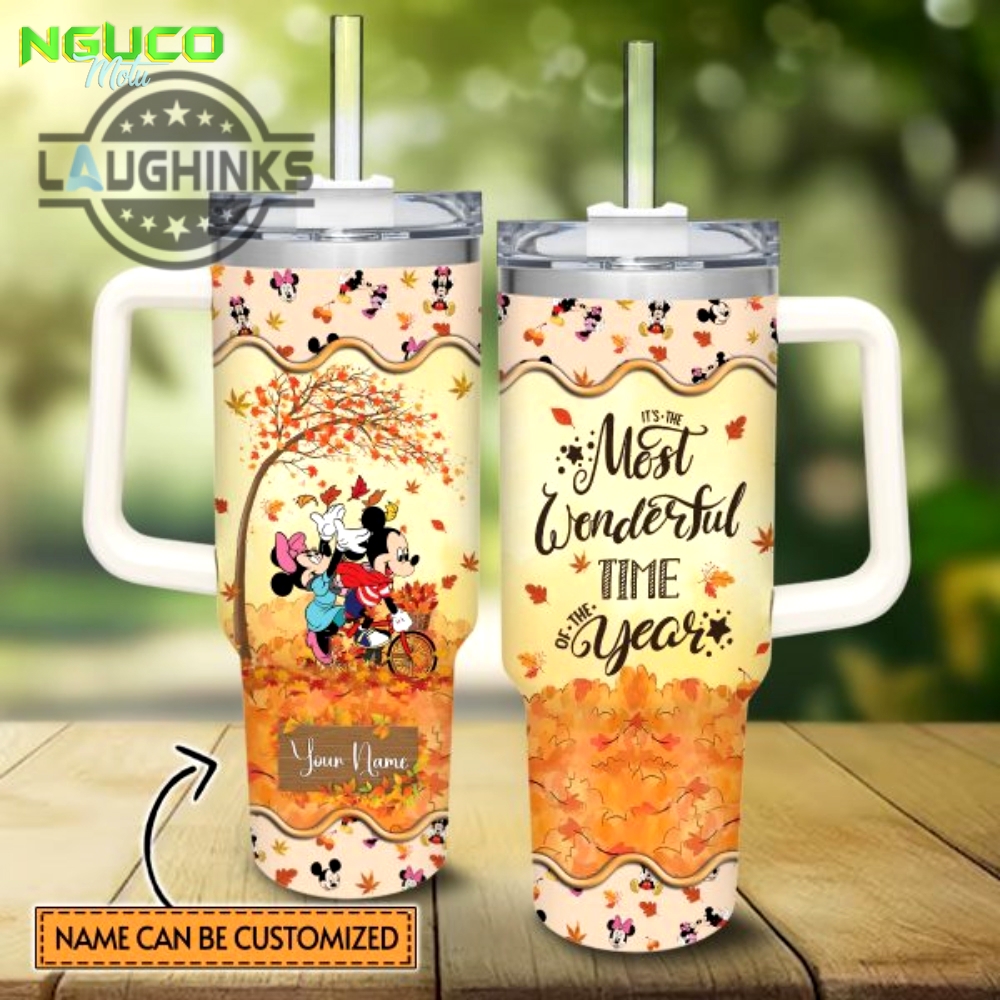 Custom name mickey mouse most wonderful time fall leaf pattern 40oz stainless steel tumbler with handle and straw lid personalized stanley tumbler dupe 40 oz stainless steel travel cups