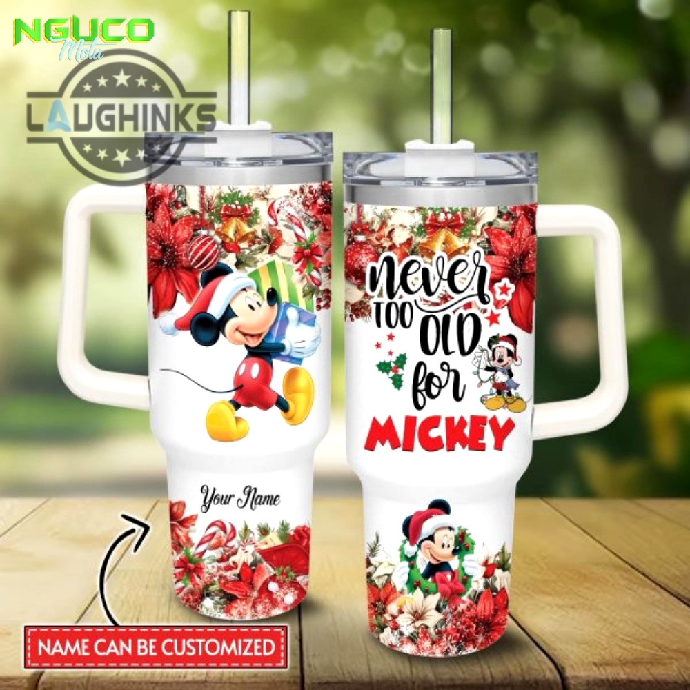 Custom name mickey mouse poinsettia red flower christmas pattern 40oz stainless steel tumbler with handle and straw lid personalized stanley tumbler dupe 40 oz stainless steel travel cups gift