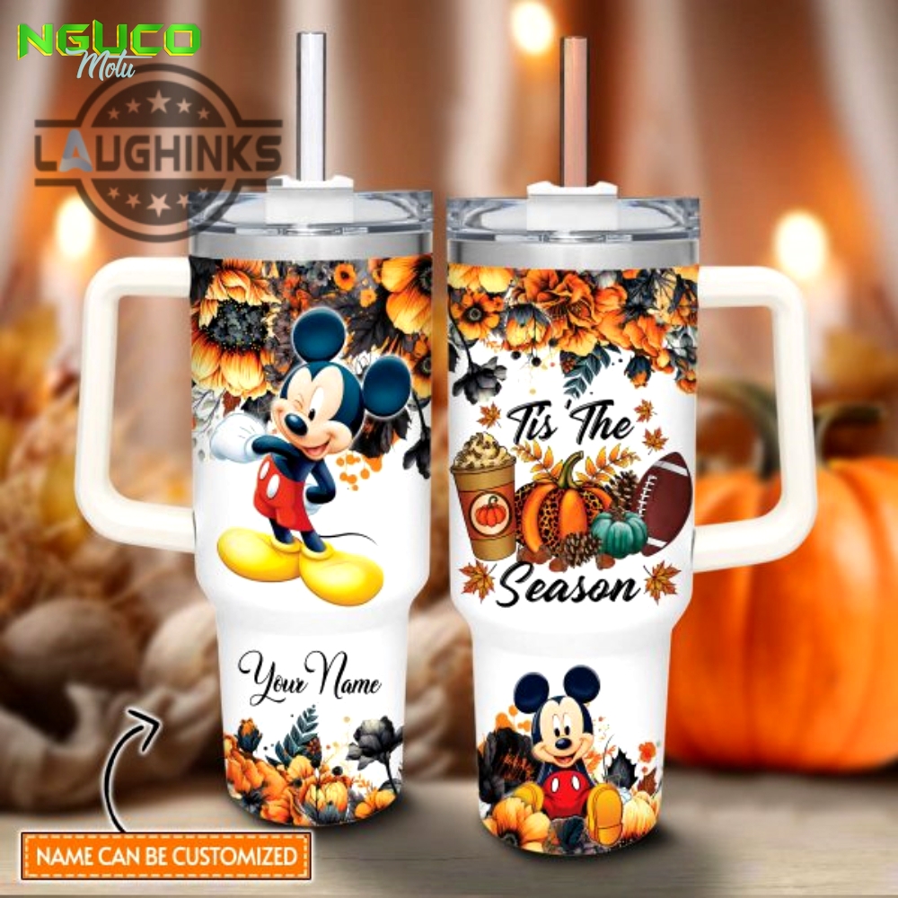 Custom name mickey mouse tis the season fall leaf pattern 40oz stainless steel tumbler with handle and straw lid personalized stanley tumbler dupe 40 oz stainless steel travel cups new
