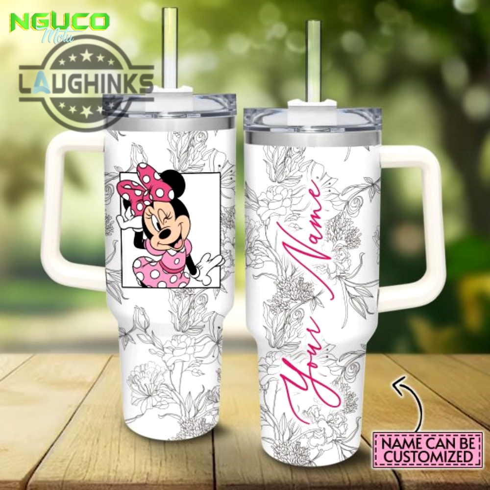 Custom name minnie mouse sketch flower pattern white 40oz stainless steel tumbler with handle and straw lid personalized stanley tumbler dupe 40 oz stainless steel travel cups gift