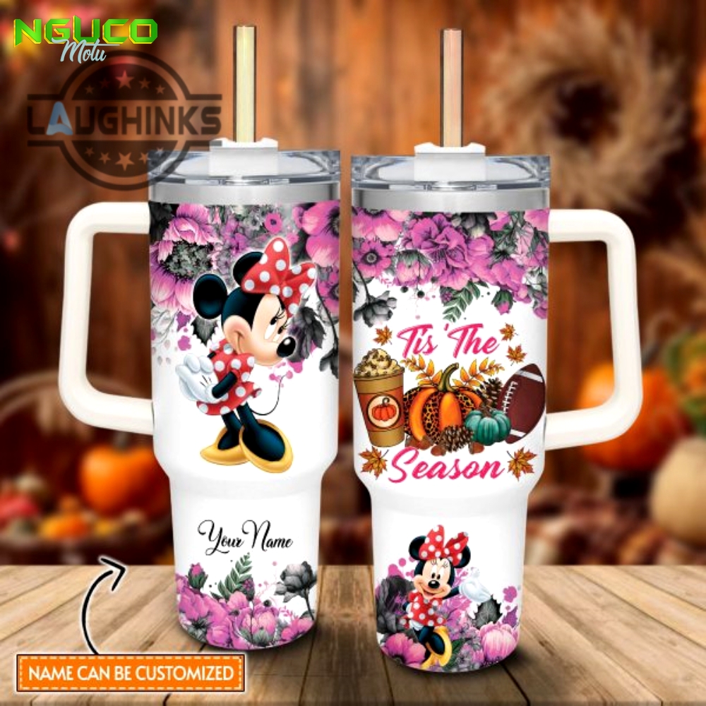 Custom name minnie mouse tis the season fall leaf pattern 40oz stainless steel tumbler with handle and straw lid personalized stanley tumbler dupe 40 oz stainless steel travel cups gift