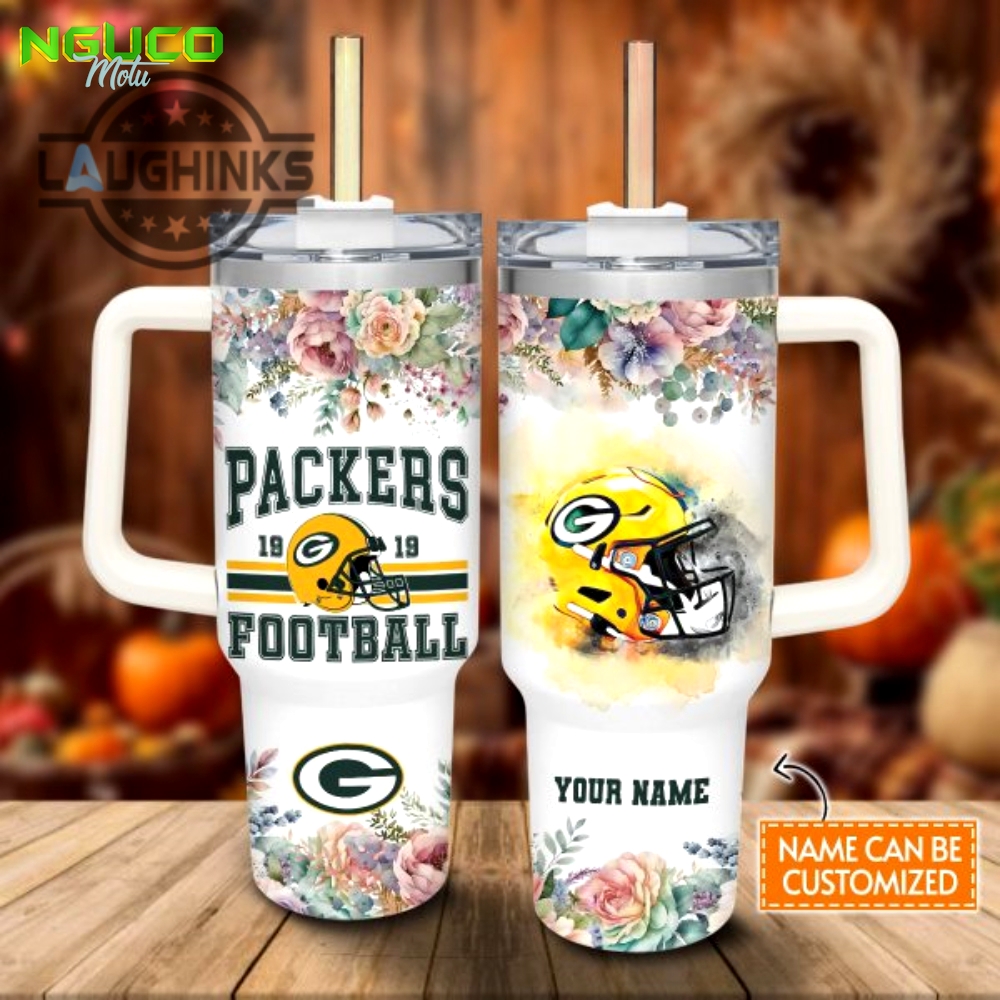 Custom name packers helmet flame pattern 40oz stainless steel tumbler with handle and straw lid personalized stanley tumbler dupe 40 oz stainless steel travel cups gift
