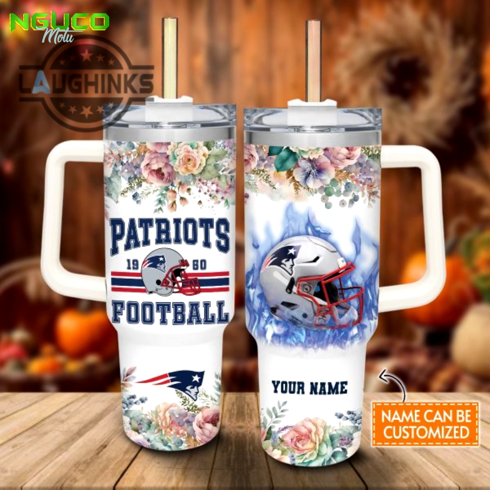 Custom name patriots helmet flame pattern 40oz stainless steel tumbler with handle and straw lid personalized stanley tumbler dupe 40 oz stainless steel travel cups gift
