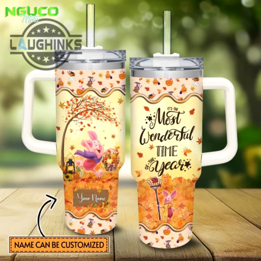 Custom name piglet most wonderful time fall leaf pattern 40oz stainless steel tumbler with handle and straw lid personalized stanley tumbler dupe 40 oz stainless steel travel cups