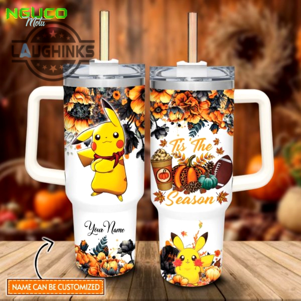 Custom name pikachu tis the season fall leaf pattern 40oz stainless steel tumbler with handle and straw lid personalized stanley tumbler dupe 40 oz stainless steel travel cups gift