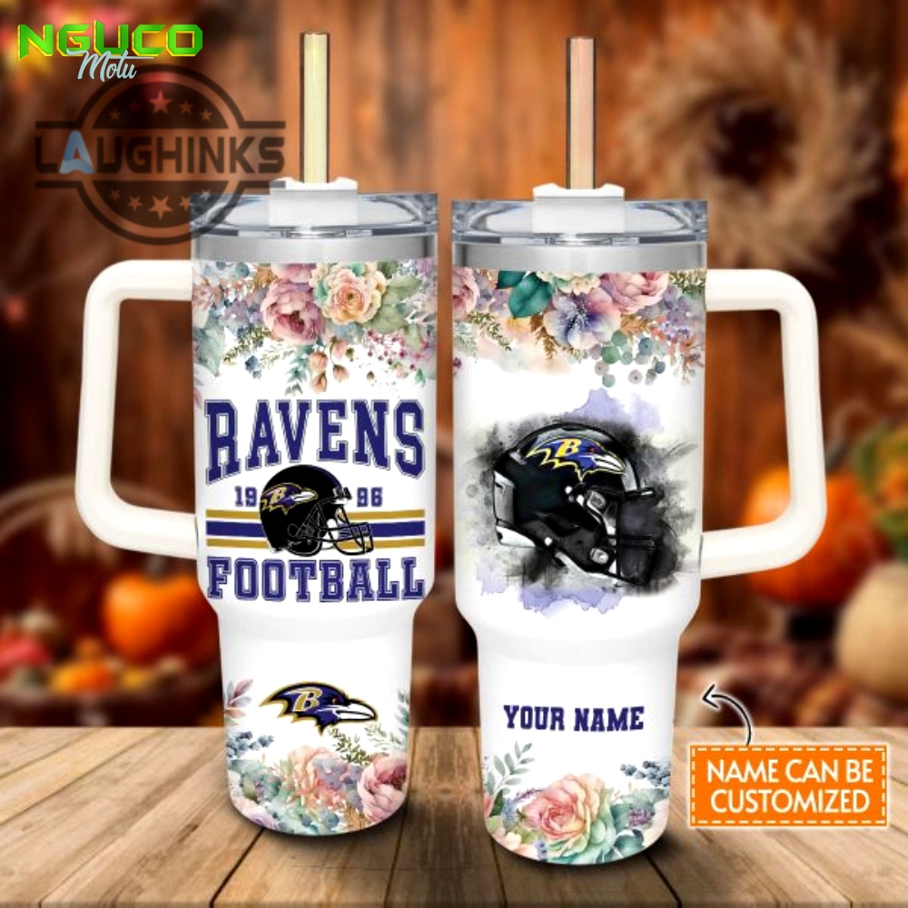 Custom name ravens helmet flame pattern 40oz stainless steel tumbler with handle and straw lid personalized stanley tumbler dupe 40 oz stainless steel travel cups gift